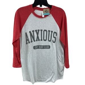 New Hand Printed Womens XS Anxious Cry Baby Club Long Sleeve Red Gray Tee Shirt